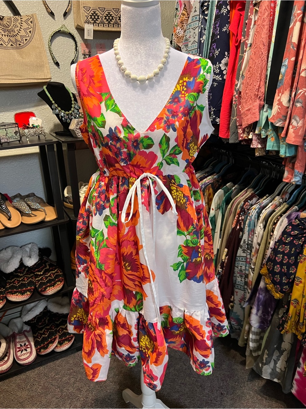 Sacred Threads White Midi Dress with Red, Orange & Green Floral Print